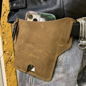  new goods original leather mobile telephone for waist bag key holder key hook smartphone iPhone belt pouch pocket n back tea color Brown free shipping 