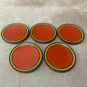 木製 漆器 銘々皿 5点 直径約15cm 茶道具 菓子器 菓子皿 木製漆器 5寸皿 赤