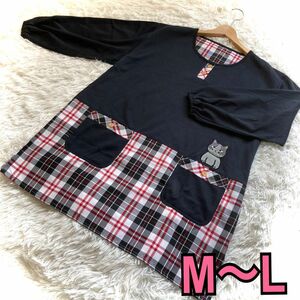 新品　ねこちゃん切替かっぽう着　スモック　黒　M〜L 