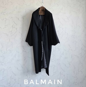 超高級 極美品 希少 Balmain 憧れのカシミヤ100%コート 着物風デザイン 抜群の高級感 バルマン ブラックカラー 