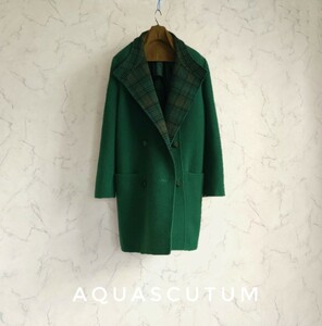 超高級 希少 Aquascutum 憧れの一級品ダブルフェイスコート アクアスキュータム 1枚仕立て 人気グリーン系カラー 内側チェック
