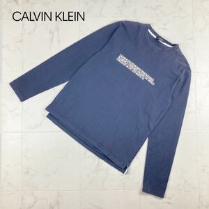 美品 CALVIN KLEIN カルバンクライン イタリア製 フロント刺繍 クルーネック 長袖カットソー トップス メンズ 紺 ネイビー サイズS*IC178