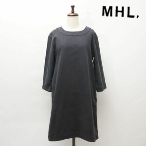 美品 MHL. マーガレットハウエル 肩ボタン ポケット付き 七分袖膝丈コットンワンピース 裏地なし レディース 紺 ネイビー サイズ1*IC182