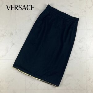 美品 GIANNI VERSACE ジャンニヴェルサーチ ウール混 カシミア混 ラップスカート ミモレ丈 裏地あり 黒 ブラック サイズ44*IC848