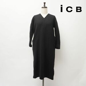  прекрасный товар iCB шерсть 100% V шея колени длина One-piece длинный рукав подкладка нет женский чёрный черный размер S*IC268