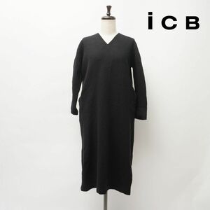 美品 iCB ウール100% Vネック 膝丈ワンピース 長袖 裏地なし レディース 黒 ブラック サイズS*IC268