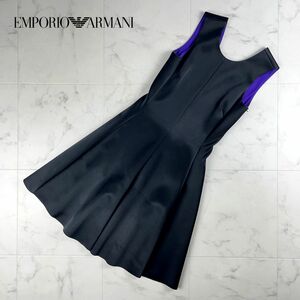 美品 EMPORIO ARMANI エンポリオ アルマーニ イタリア製 腰リボン フレアワンピース 膝丈 裏地なし レディース 黒 ブラック サイズS*IC362