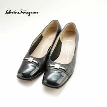 Salvatore Ferragamo サルヴァトーレフェラガモ 4 1/2 22.0 パンプス イタリア製 ヒール シルバー金具 エナメル レザー 黒 ブラック/KC56_画像1