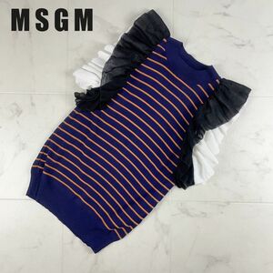 美品 MSGM エムエスジーエム 袖フリルノースリーブニット ボーダー柄 トップス レディース ネイビー系 サイズS*KC1248