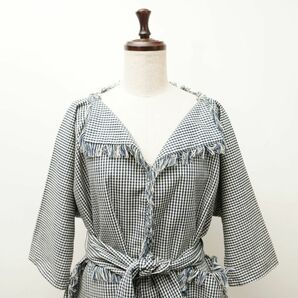 美品 15ss Chloe クロエ ギンガムチェックコート フリンジ ウエストリボン レディース 紺 ネイビー サイズ36*IC652の画像2