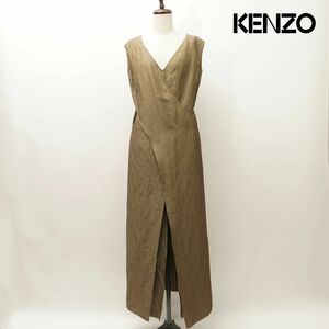 美品 KENZO ケンゾー リネン混 フロントスリットワンピース マキシ丈 裏地あり レディース カーキ サイズ38*IC1271