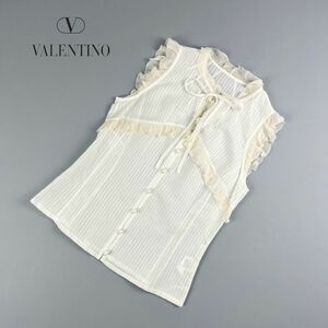 VALENTINO ヴァレンティノ ノースリーブフリルブラウス ストライプ リボン レディース 白 ホワイト サイズ40*IC690