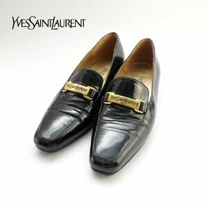 Yves Saint Laurent イヴ・サンローラン 35 1/2 22.5 ローファー ヒール スクエアトゥ ゴールド金具 エナメル 黒 ブラック /KC20