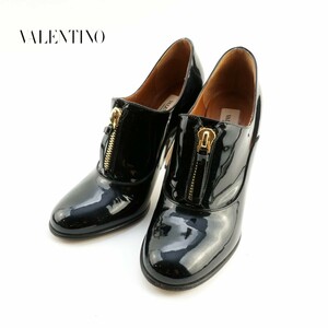 VALENTINO ヴァレンティノ 37 1/2 24.5 ブーティ イタリア製 ヒール ジップデザイン エナメル 黒 ブラック/KC114