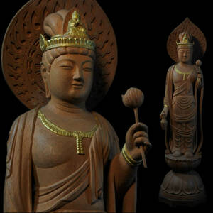 ◆雅◆ 仏教美術 木彫 細密彫 仏像 木彫観音菩薩立像 聖観世音菩薩像 高さ63cm /HK.23.9 [A50] N