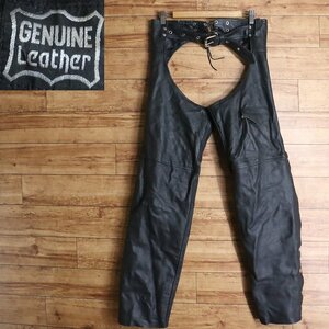 D1S/s5.8-5　GENUINE LEATHER　レザーチャップス　本革　レザーパンツ　バイカー　革パンツ　皮パンツ　S　W70～96　ブラック　古着