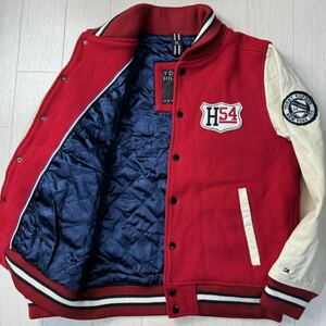 美品/XL★トミーヒルフィガー/TOMMY HILFIGER 袖レザー 牛革 スタジャン ツイード ウール メルトン 胸ワッペン H54 中綿 メンズ 赤白