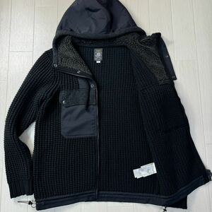 美品/M-L相当★ディーゼル/DIESEL 編込みウール ケーブルニット 異素材切替 ナイロン フーデットジャケット ブルゾン 革ワッペン メンズ 黒