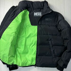 希少/2XL-3XL相当★ディーゼル/DIESEL バックプリント デカロゴ ダウンジャケット ブルゾン バイカラー 厚手 極暖 中綿 メンズ 黒緑