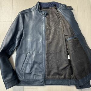 ほぼ未使用/M相当★メンズビギ/MEN'S BIGI 裏地ペイズリー ラムレザー 羊革 シングル ライダース ダブルジップ ジャケット メンズ 紺