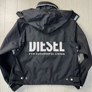 ほぼ未使用/L-XL相当★ディーゼル/DIESEL 背面デカロゴ プリント ナイロンジャケット ウィンドブレーカー フード収納 袖ライン メンズ 黒