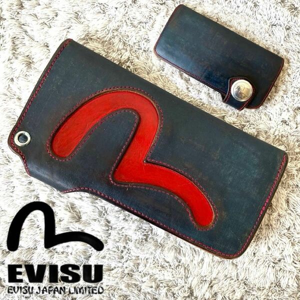 EVISU◆ど根性3号 長財布 ウォレット デニム風 ダメージ加工　JEANING 赤