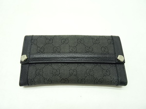 84MS☆グッチ ジャガード×レザー Wホック 長財布 ブラック 231839 GG GUCCI グレー