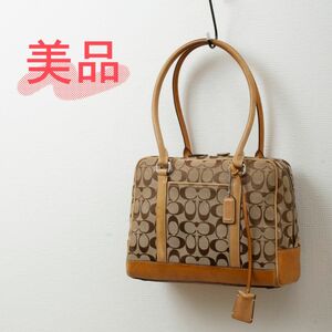 【美品】COACH(コーチ)シグネチャー キャンバス レザーハンドバッグ ベージュ 6097 レディース 中古 used ブランド