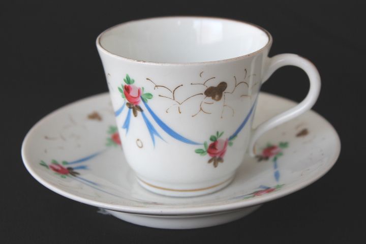 Sale! ■ Cute roses and ribbons, hand painted antique, Coffee cup & saucer/Sale ■, antique, collection, miscellaneous goods, others