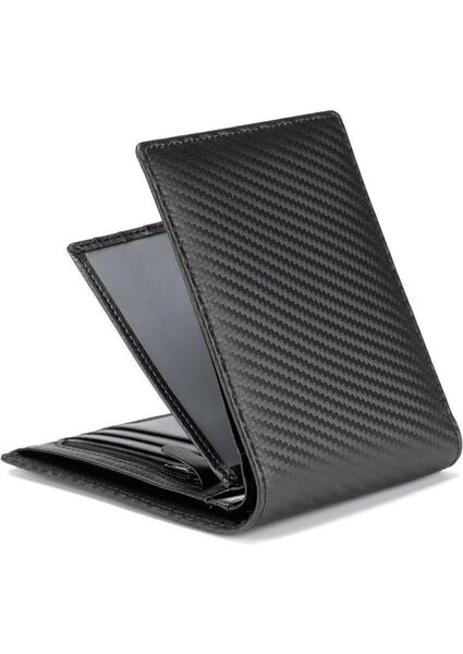 財布 メンズ 二つ折り 財布 カードケース付き カーボンレザー 折りたたみ財布 牛革 大容量 薄型 コンパクト 軽量 磁気防止 黒