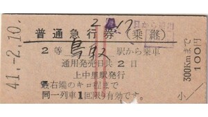 T034.【D型裁断】赤2条　2等　山陰本線　鳥取　41.2.10　上中里駅発行【裏面2箇所貼跡】