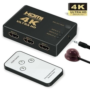 HDMI切替器 3入力1出力 HDMI セレクター 4K 2K FHD 3D映像対応 USB給電ケーブル リモコン付き TV PC対応 1ヶ月保証「HDMI-3IN1.D」