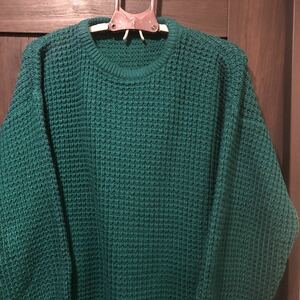 古着大量出品中 ヴィンテージ かぎ編みニット セーター クルーネック グリーン 緑 美品 XL相当
