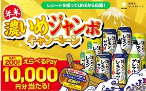 懸賞応募★えらべるPay10000円分が200名様に当たる！サッポロ年末濃いめジャンボキャンペーン！応募レシート１口（1/8締切）はがき付