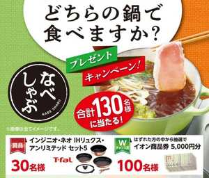 懸賞応募★Wチャンス！イオン商品券5000円分が100名様に当たる！T-falセット５が30名様に当たる！応募レシート１口（12/31締切）