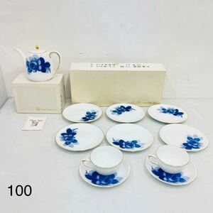 12SD49 【未使用】OKURA 大倉陶園 ブルーローズ カップ＆ソーサー 小皿 ティーポット セット 金彩 食器 箱付き 中古 現状品