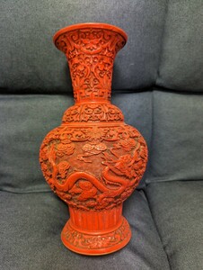 中国漆器 インテリア置物 堆朱壺 剔紅 赤 紅 彫刻花器 花生 花瓶 全高約 32cm