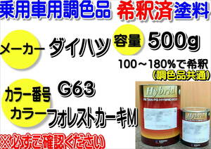 （在庫あり）ハイブリッド塗料　計量調合品　ダイハツ　G63　フォレストカーキM　500g　調色品　小分け　希釈済み　全国送料無料