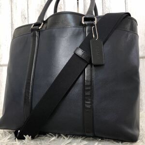 1円【極美品】コーチ COACH メトロポリタン トートバッグ ショルダーバッグ 2way メンズ ビジネス 大容量 A4 レザー 本革 黒 ネイビー