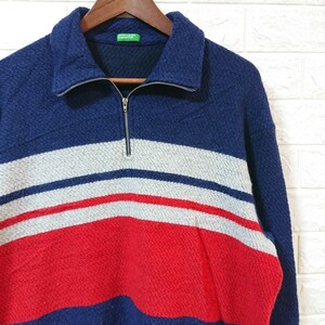 【イタリア製】UNITED COLORS OF BENETTON ベネトン ボーダー柄 ハーフジップ ウール セーター ニット Lサイズ ネイビー wool sweater