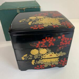 未使用品 漆 漆器 漆芸 本金蒔絵 角三段重 重箱 弁当箱 おせち 黒 金 蒔絵 工芸品 伝統工芸