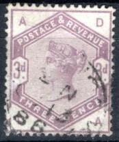 ◆503古いイギリス　1884年　QV　3p　ライラック　$100　①◆