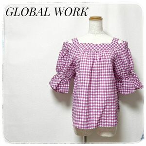 新品！GLOBALWORKグローバルワーク ブラウス チュニック M ピンクチェック 半袖 カットソー 白 シャツ ホワイト 7分袖 ゆったり かわいい