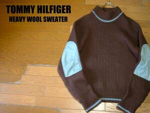 TOMMY HILFIGER肉厚柔らかエルボーパッチ付きモックネックヘビーウールセーターMビッグシルエット トミーヒルフィガーハイタートルカウチン