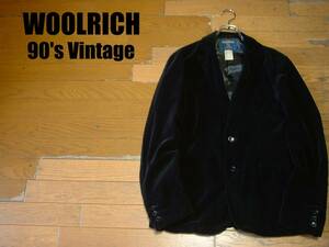 90sビンテージWOOLRICHベロアテーラードジャケットL黒ブラック正規ウールリッチVintageベルベット2Bブレザー別珍ドレス