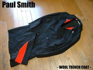 売り切りPaul Smithウールトレンチコート美品M正規ポールスミスLONDON黒ブラックx赤レッドMADE IN JAPANヴァンパイアカラー定価9万円