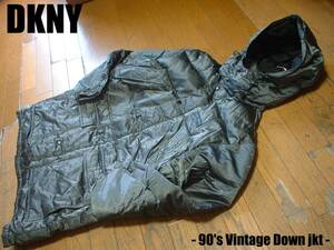 90sビンテージDKNYフーデッドダウンジャケットMガンメタル正規ダナキャランニューヨークDonna Karan New Yorkフーディ羽毛ブルゾン