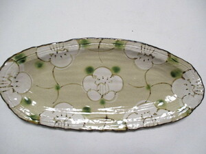 和陶器　織部　手描き椿　楕円皿　32.5ｃｍ　１枚　/ 大皿　長皿　