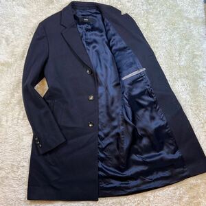 美品/希少XL/現行黒タグ ヒューゴボス チェスターコート ロングコート SLIM FIT ラムウール ロゴバッジ付 50 ネイビー 濃紺 HUGO BOSS 秋冬