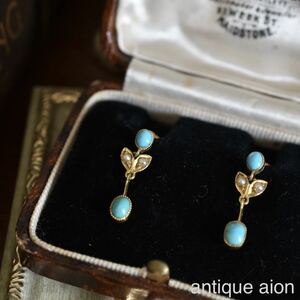  Britain antique 1890 year Victoria morning era 15 gold natural turquoise . natural si-do pearl. earrings 